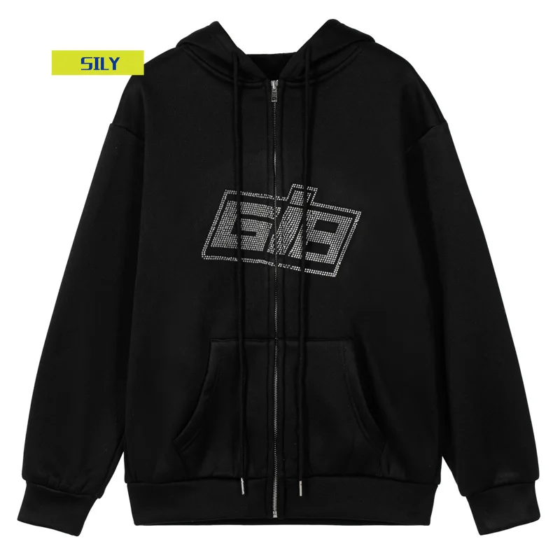 

ALLNeon Y2K Fashion Rhinestone Zipper Oversized Hoodies E-girl Vintage Solid Letter Long Sleeve Black Sweatshirts Autumn Outfits