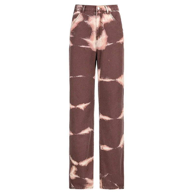 

Casual Jeans Women Loose Straight Stripe Dye Painting Long Pants Woman Denim Jeans Trousers Female