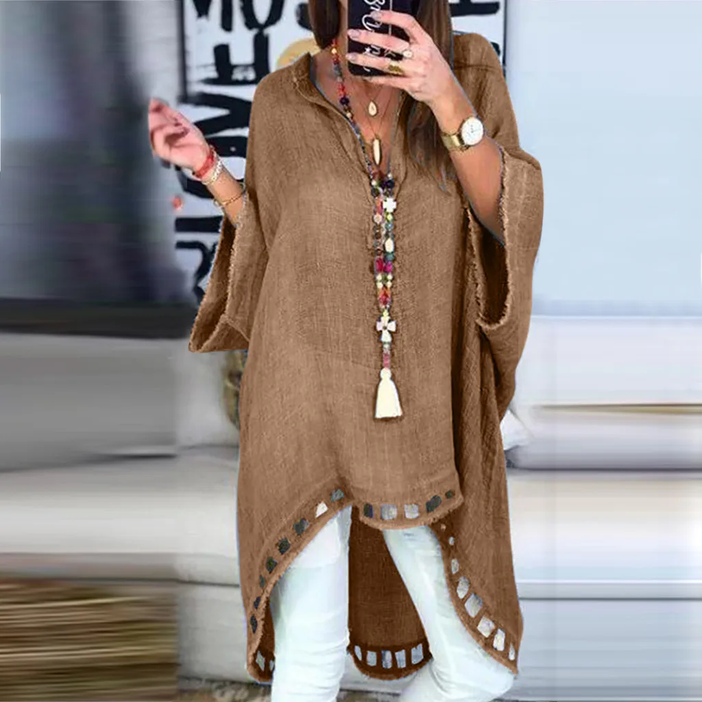 Осенне зимняя модная однотонная Длинная блузка Женская Повседневная Свободная