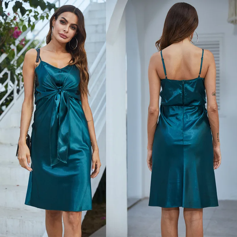 

2020 Summer V-neck Spaghetti Straps Midi Dress Sexy Dress Elegant Fashion Slim Women Dress