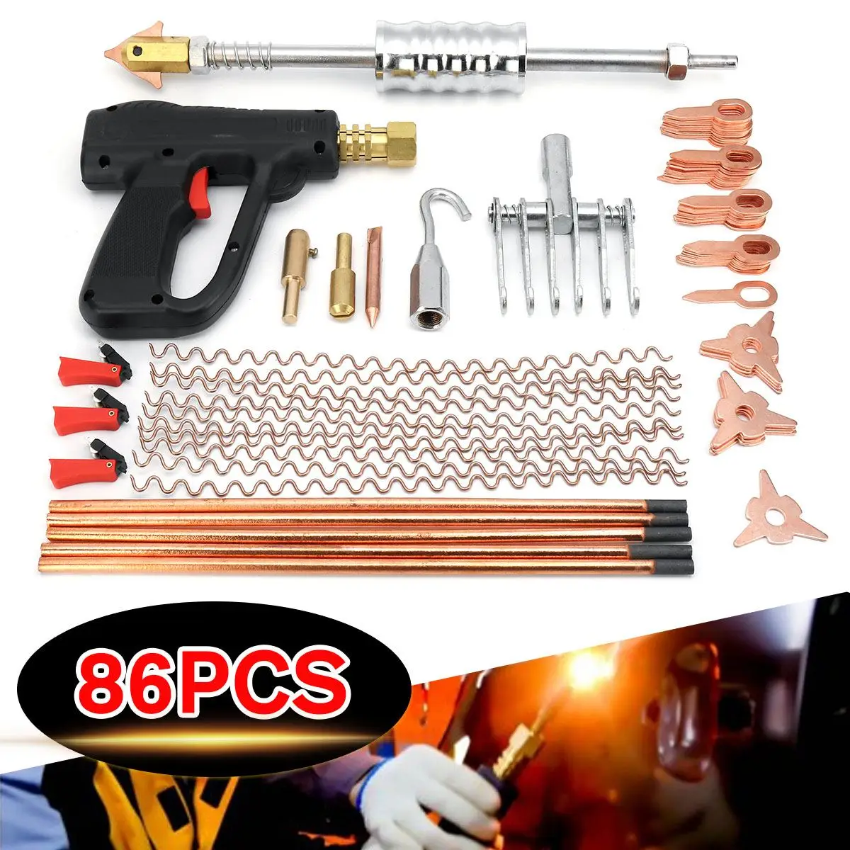 

86Pcs Car Body Dent Repair Puller Kit Dent Spot Repair Removal Device Welder Stud Mini Welding Machine Pulling Hammer Tool Kit