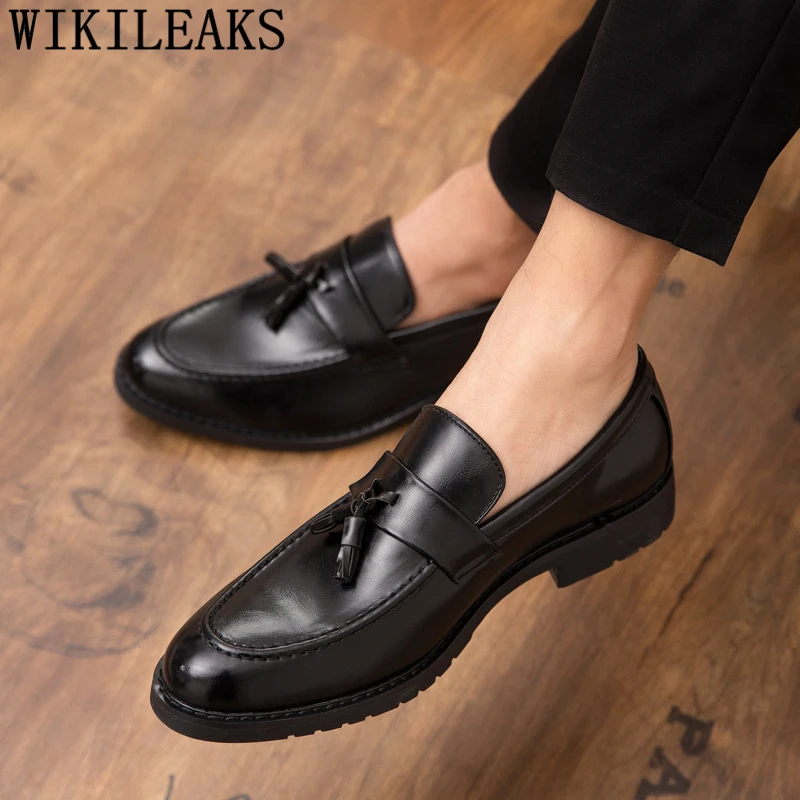 Туфли с кисточками мужские свадебные лоферы кожаные модельные туфли черные