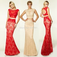 custom made red champagne elegant o neckline lace two pieces mermaid evening gown floor length vestido de fiesta long prom dress