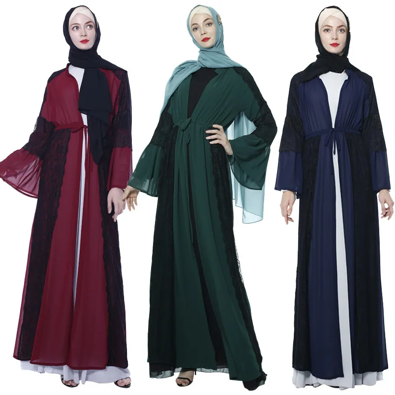 

Elegant Muslim Lace Abaya Maxi Dress Cardigan Kimono Long Robe Gowns Jubah Middle East Ramadan Eid Arab Islamic Prayer