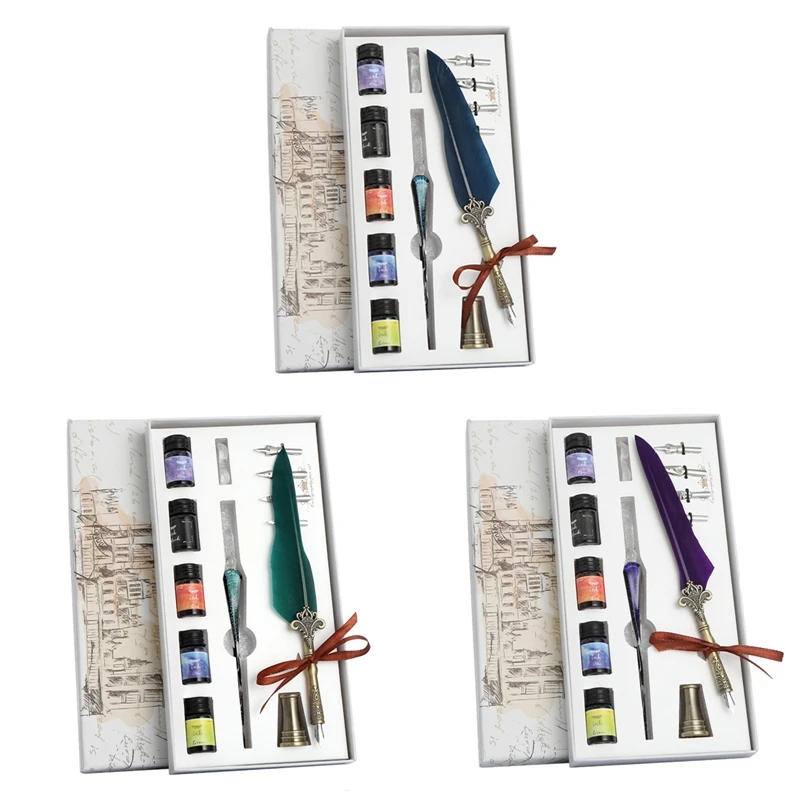 

1 Set Vintage Calligraphy Feather Dip Pen Fountain Pens Writing Ink Nibs Stationery School Birthday Gifts w
