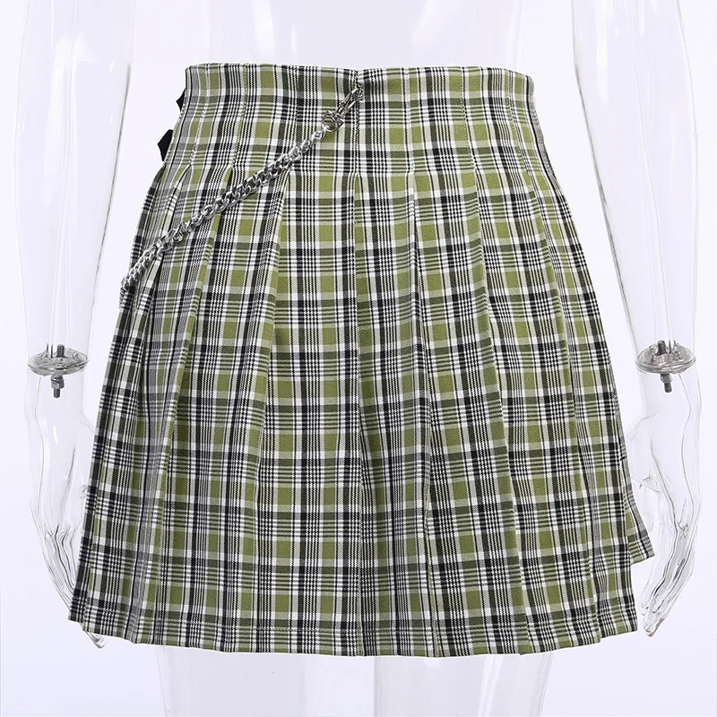 

College Style High Waist Plaid Pleated Skirt Metal Chain Preppy Style Mini Skirts Women Girls Summer Fashion Skirt
