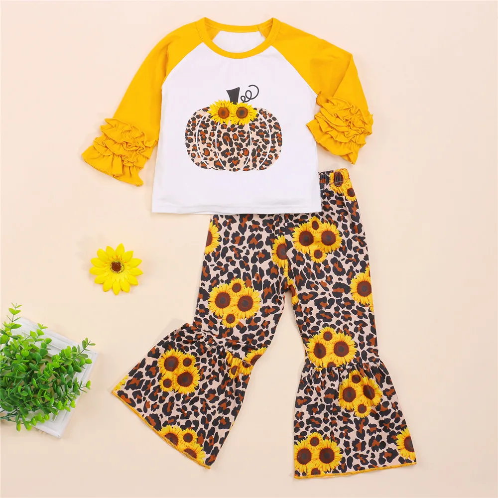 

2 Pieces Kids Suit Set, Sunflower Leopard Print O-Neck Long Sleeve Tops+ Flared Trousers for Toddler Girls, 6 Month-4 Years