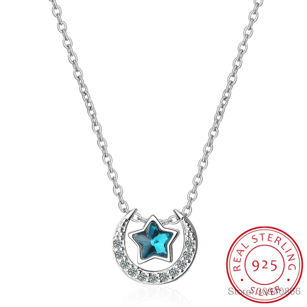 

925 Sterling Silver Moon Necklace Blue Crystal Diamond Star Pendant Simple Fashion Clavicle Chain Woman Party Jewelry Gift