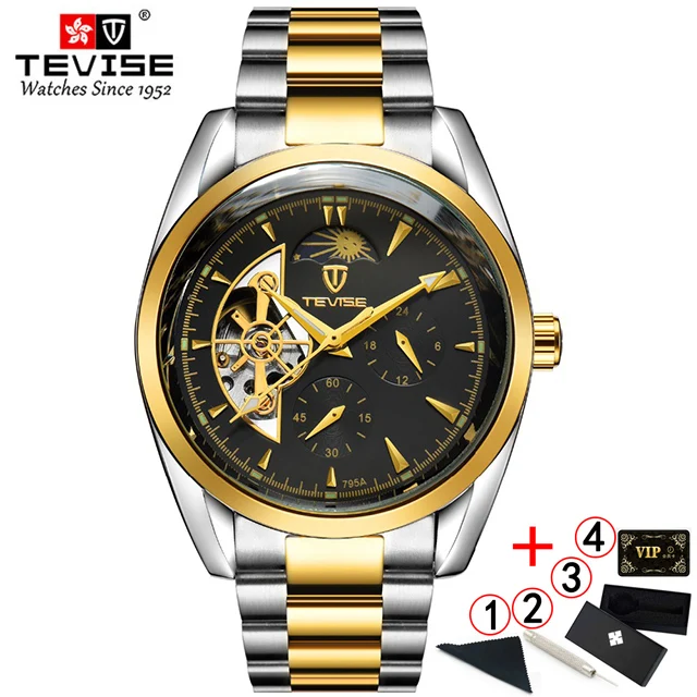 black gold box TEVISE автоматические часы Tourbillon механические часы мужские часы деловые наручные часы Мужские часы со скелетом montre homme - Цвет: black gold box