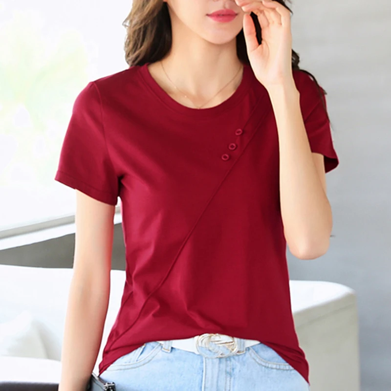 

Tee Shirt Femme Short Sleeve Tees 2022 Summer Women Clothing Solid Tops Casual Button Women T Shirt Korean Style Poleras Mujer