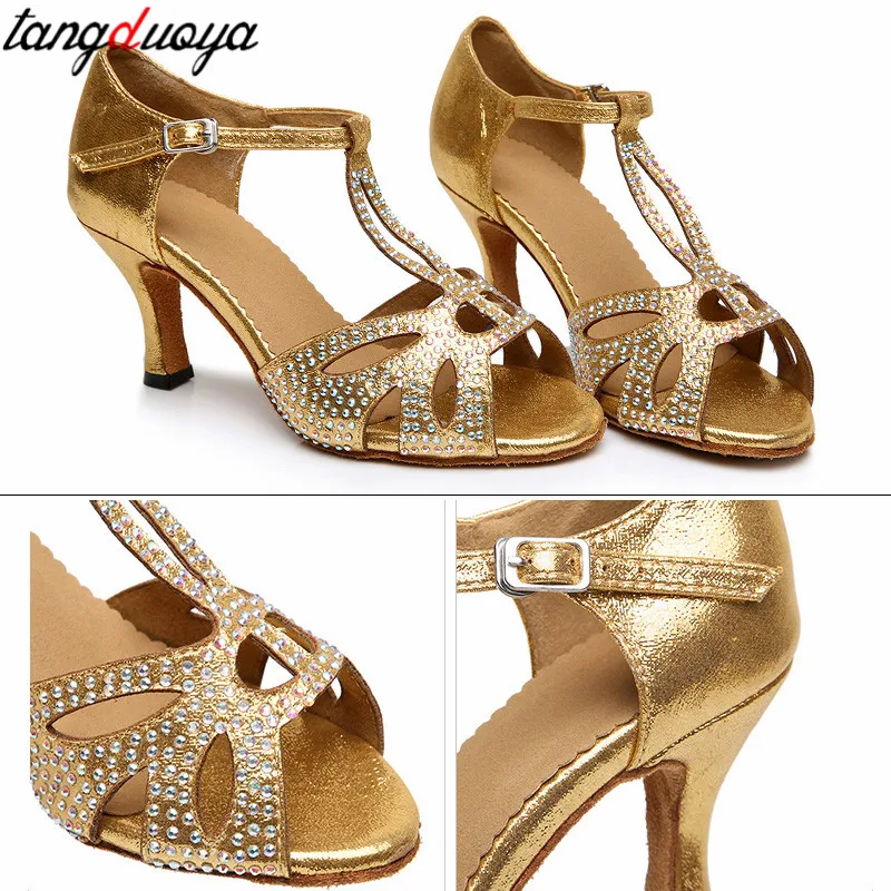 Золотые туфли для латинских танцев женская обувь сальсы бальные женские стразы