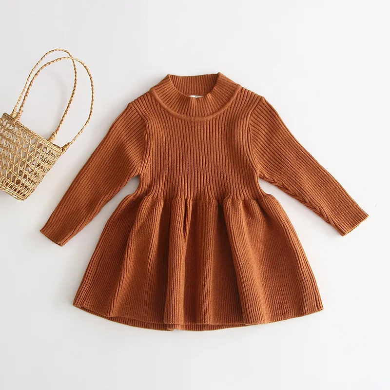 

BINIDUCKLING 2020 Winter Autumn Baby Girls Dress Long Sleeve Warm Knitted Dress For Toddler Girls O-Neck Solid Kids Dress