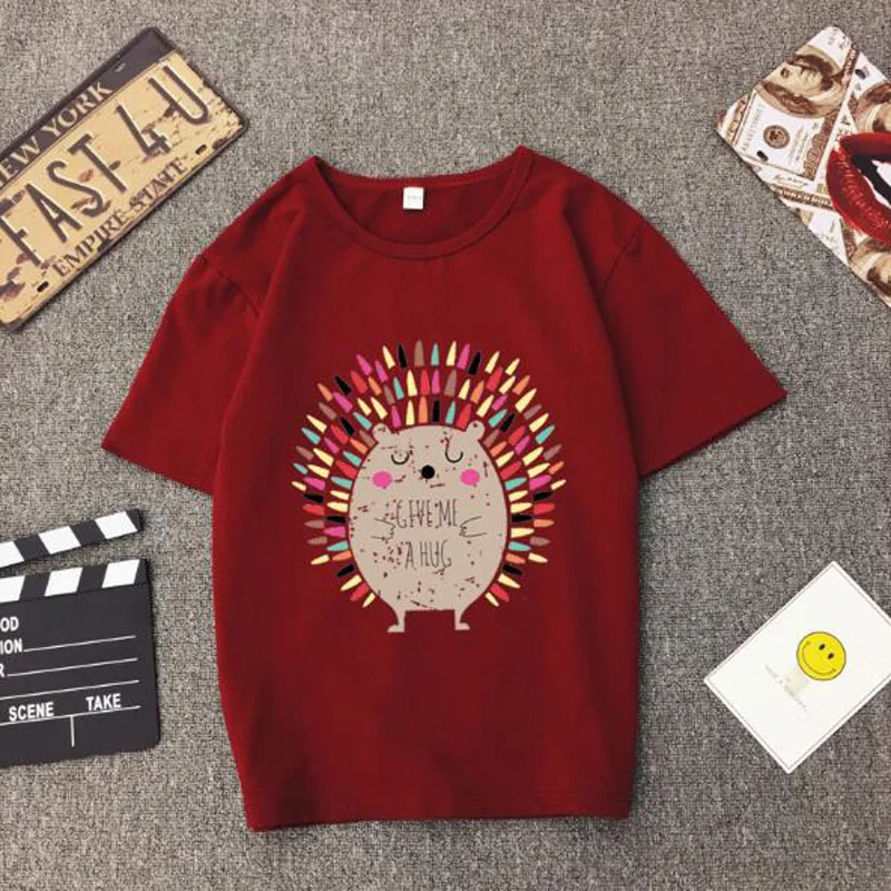 Женская футболка с принтом ЁЖ облегающая из хлопка и спандекса коротким рукавом