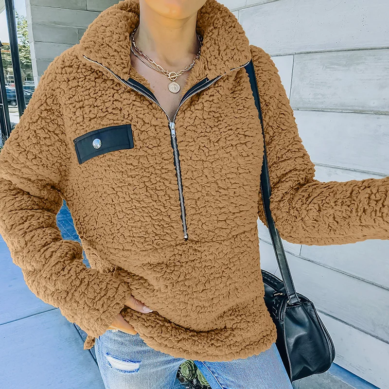 

2021 New Spring Autumn Women Long Faux Lamb Wool Jacket Female Half Open Zipper Loose Pullover Tops Fashion Casual Outwear S-XL
