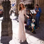 Кружевное свадебное платье-Русалка из тюля с глубоким круглым вырезом и аппликацией, свадебные платья с длинным рукавом, иллюзией и шлейфом для невесты