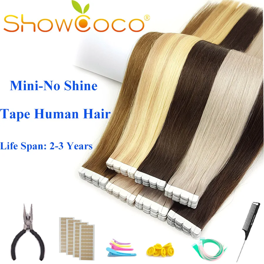 ShowCoco ленты в Пряди человеческих волос для наращивания дважды обращается Салон Качество Девы выравнивание кутикулы двусторонняя клейкая Синий PU касета ons