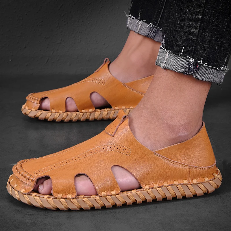 Сандалии мужские дышащие пляжная обувь с пряжкой Прошитые вручную гладиаторы