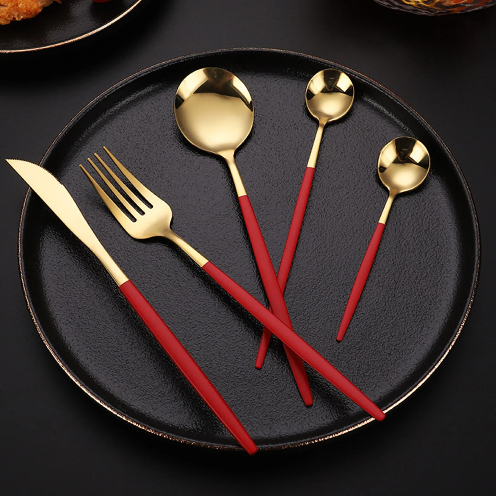 

Coffee Dessert Teaspoon Fork Knife Spoon Gold Stainless Steel Round Hanglde Dinnerware Tableware Home Party Kitchen Flatware