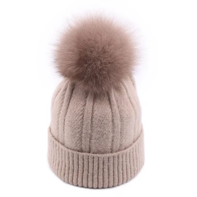 Beige Зимняя женская вязаная шапка Skullies, Женская бини, шапка с настоящим помпон из лисьего меха, Роскошные плотные теплые уличные Лыжные шапки Gorro для девочек - Цвет: Beige