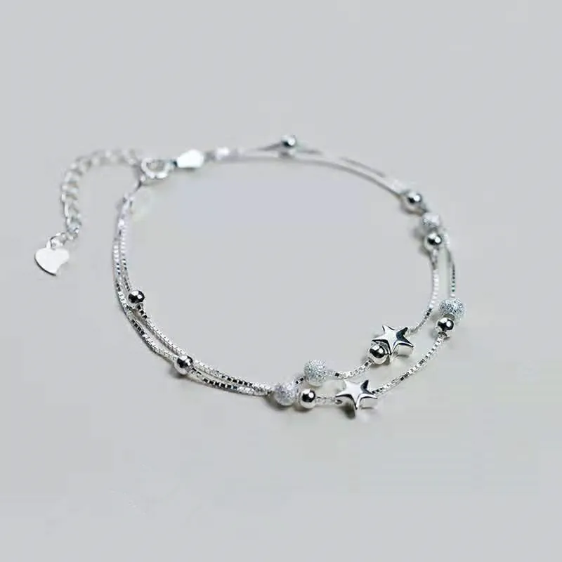 

Женский двухслойный браслет из серебра 925 пробы, с бусинами в виде звезд, элегантная цепочка в коробке, подарок на день рождения sl028