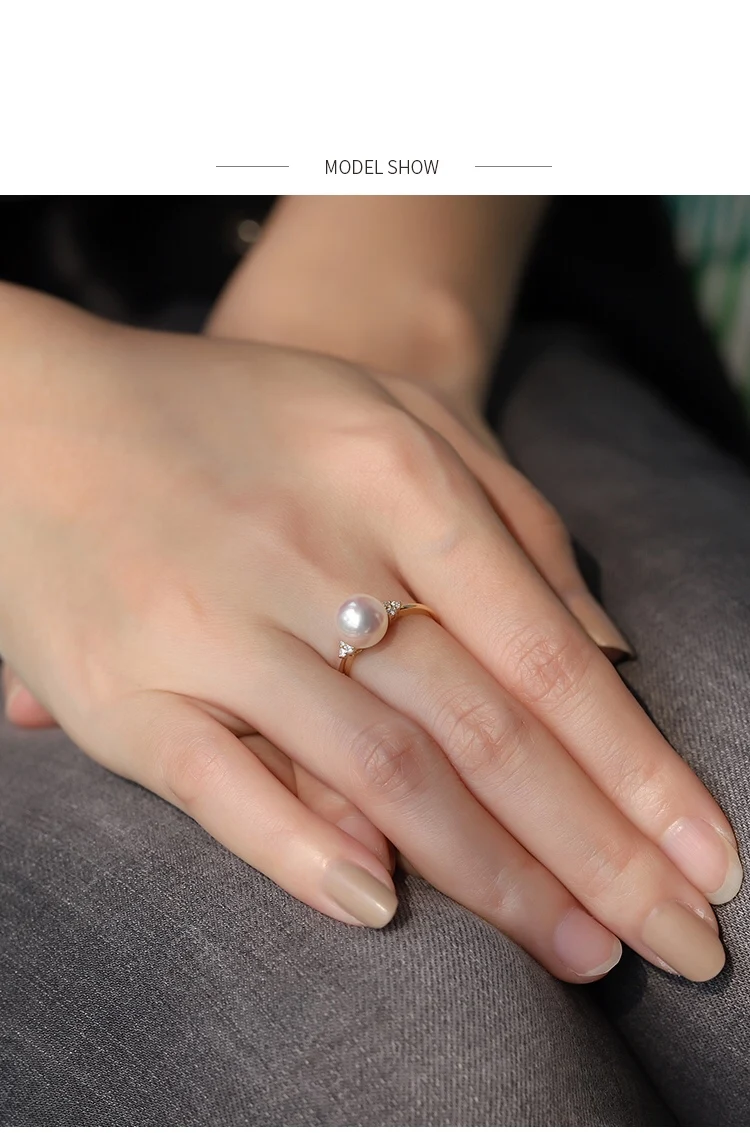 18K import Solid Yellow Gold Jewelry(AU750) Women  Single Grain Akoya Peas Weaving Diamond  ring  Natural Seawater Pearl  Lady