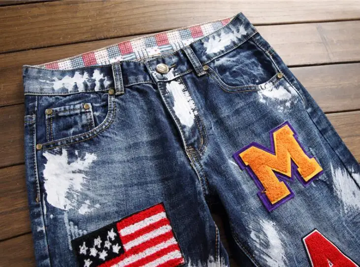 Straight calças jeans mens blue embroidered flag badge paint men's slim fit non-stretch jeans trendy men's pants autumn winter