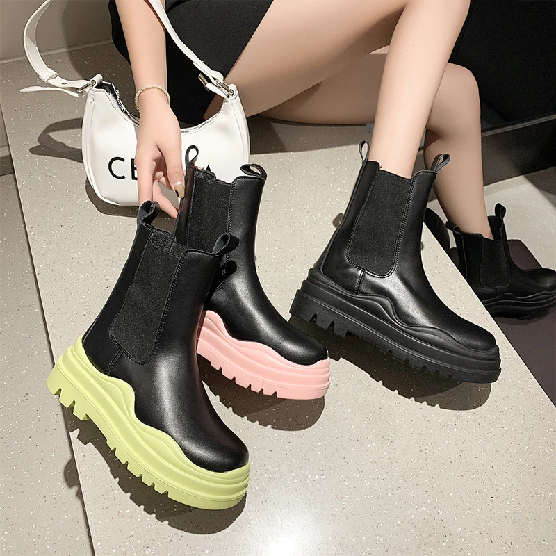 

Chelsea Boots Street Style Elastic Belt High-heeled Boots Spring and Autumn New Thick-soled Increased Nude Boots