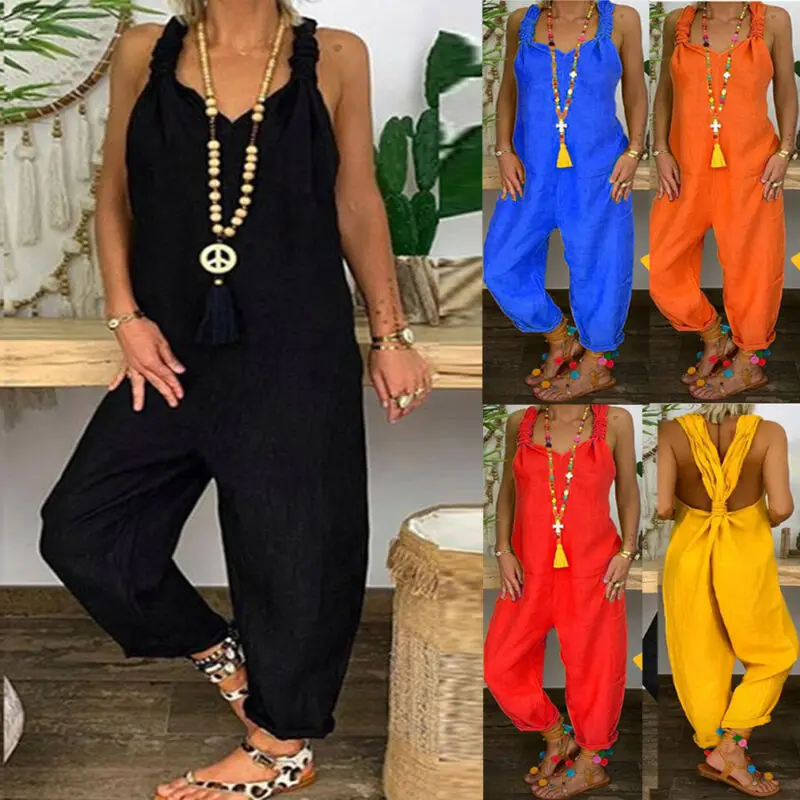 Женский комбинезон с хлопковой линией Свободные повседневные однотонные