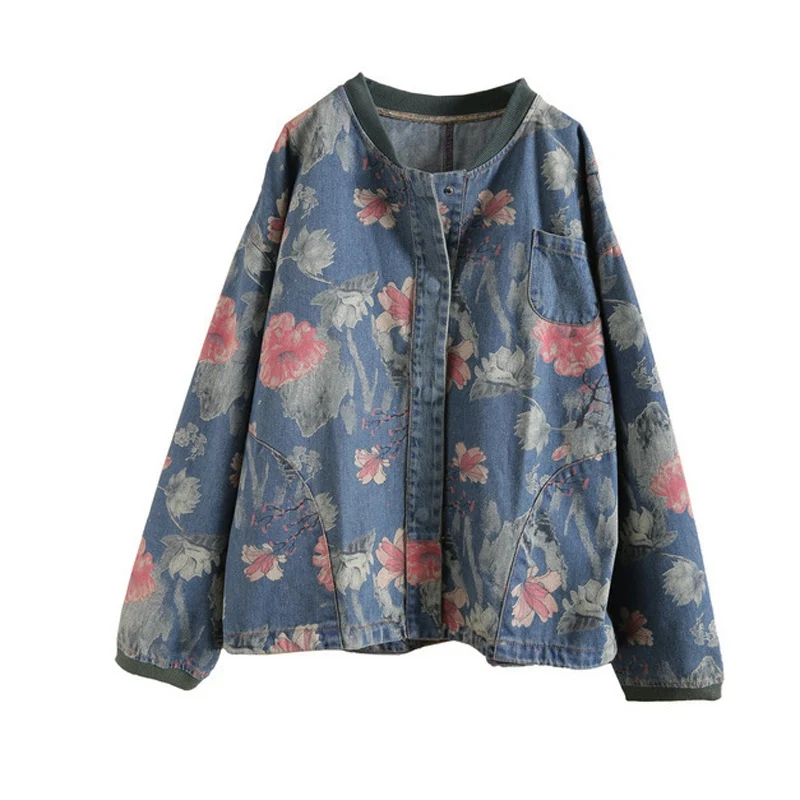 Винтажная женская джинсовая куртка весенний джинсовый кардиган с цветочным