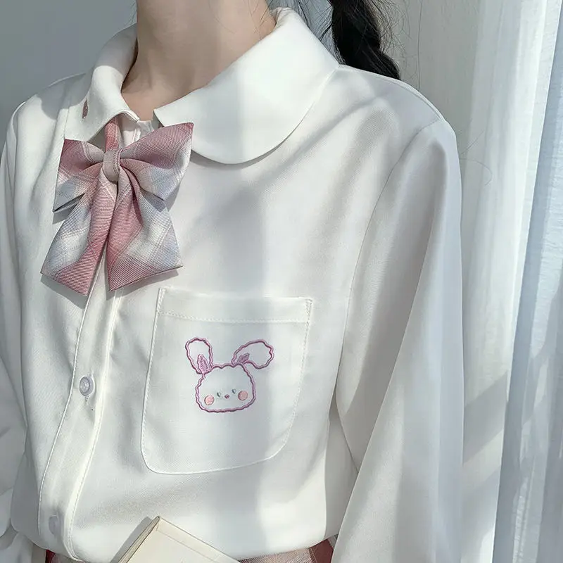 Японская белая шифоновая блузка Kawaii Женская Осенняя рубашка с длинным рукавом и