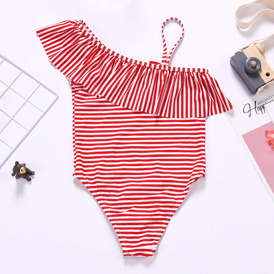 2019 Girls Swimsuit 3-8years One Piece Swimwear For Children's Ruffle Style Striped With Bow-knot 9196 |