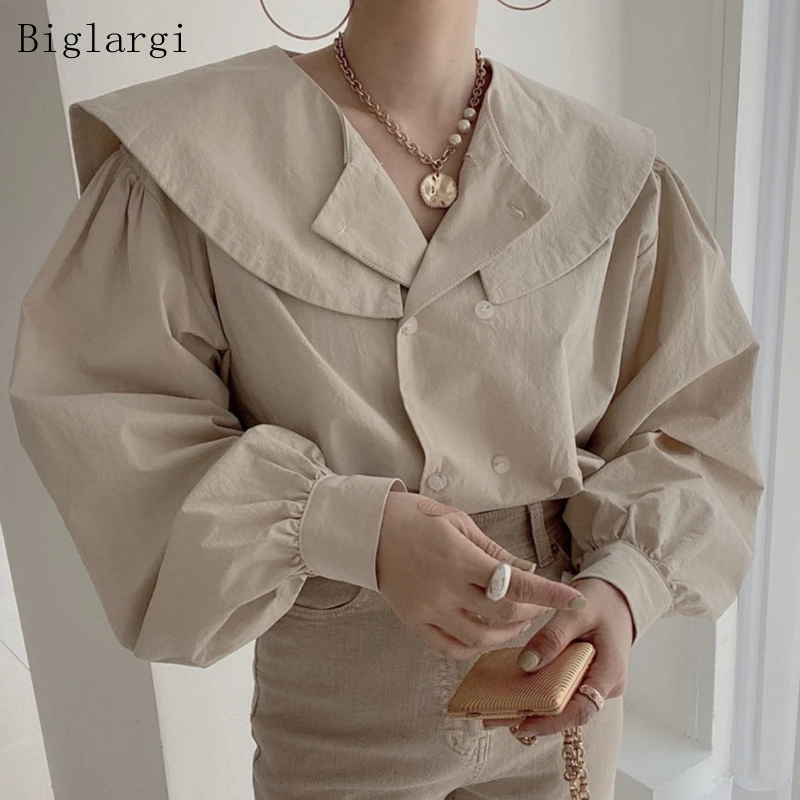 

Осенняя женская рубашка с длинным рукавом, винтажная блуза с двойным отложным воротником, женские топы, Корейская блузка, повседневные руба...