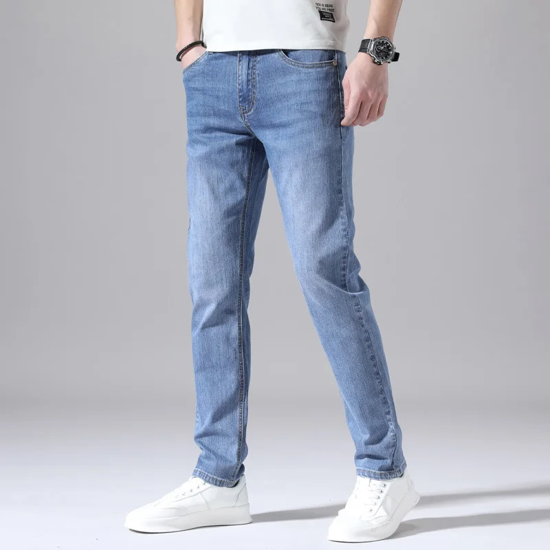 

2021 Summer Lightweight Cotton Breathable Men's Jeans Stretch Denim Pants Slim Straight Fashion Casual Solid Trousers Male
