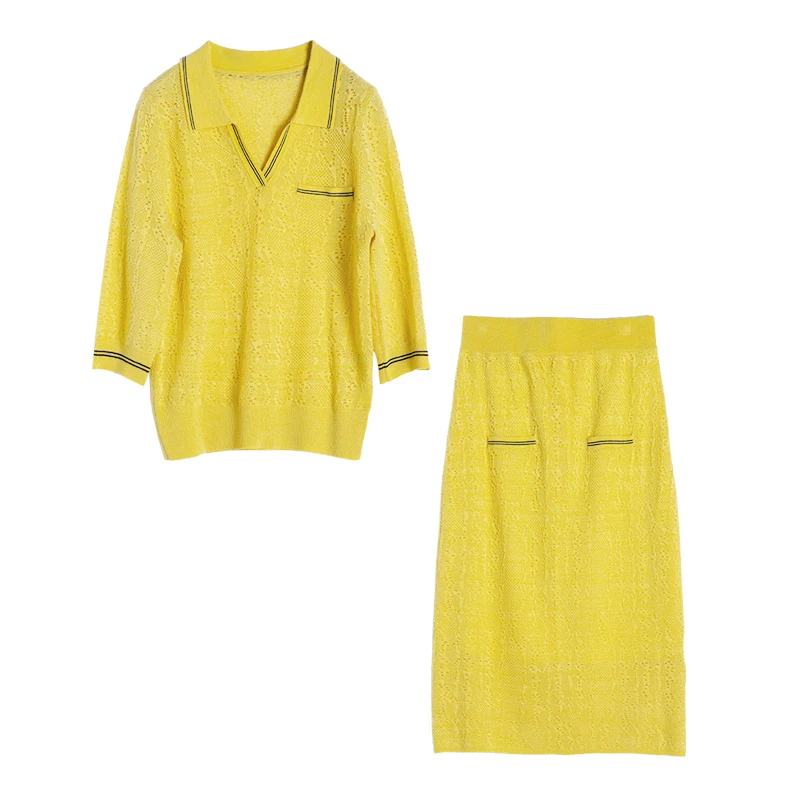 

Женский трикотажный костюм из двух предметов, Блузка + юбка из 80% шерсти, элегантная дизайнерская юбка-карандаш с коротким рукавом, Новая мод...