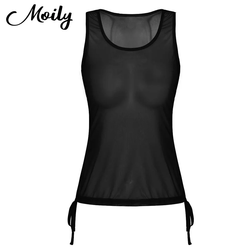 

Women Adult Fashion Summer Casual Mesh Sheer See Through Crop Top T-shirt Drawstring U Neck Exotic Tank Stretchy Loose Crop Tops