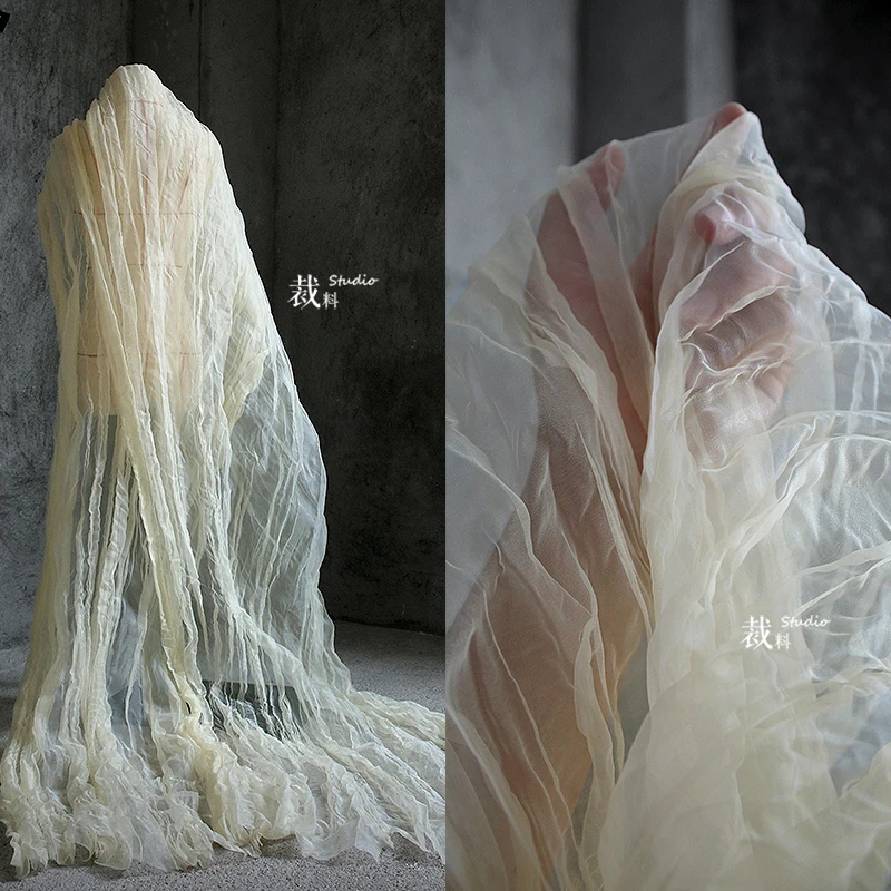 

1yard Nude beige organza pleated 3D perspective mesh pleat heavy designer fabric, clothing designer patchwork fabric for dress