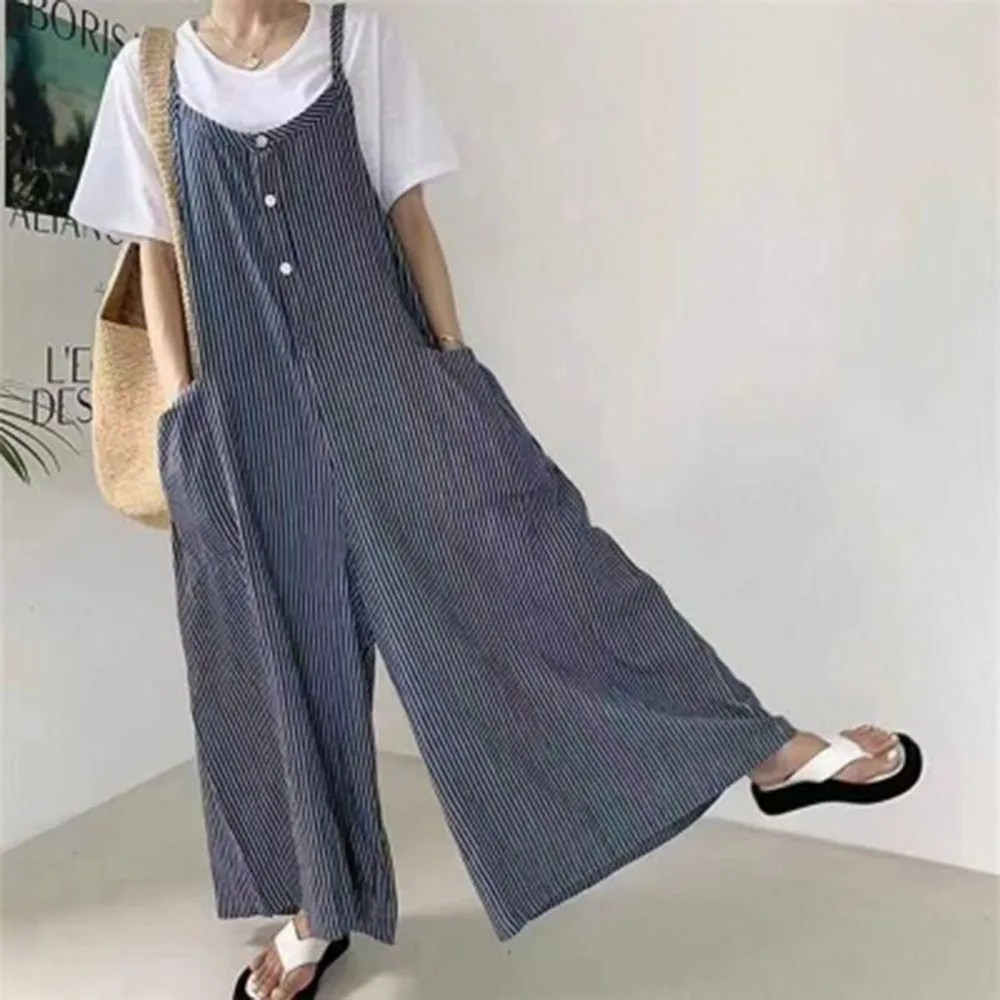 

Japan Style Jumpsuit 2021 Summer Loose Casual Korean Fashion Simple Thin Popular Stripe Big Pocket Wide Leg Pants
