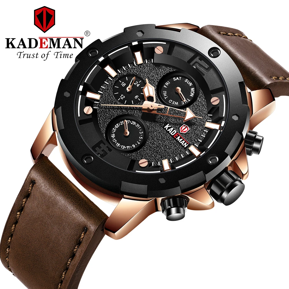 

KADEMAN Men Watch Top Brand Fashion Sports Quartz Watch Men Leather 30 Meters Waterproof Date Week Business Relogio Masculino