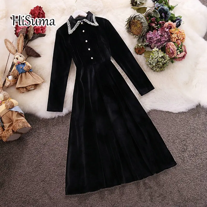 Весна 2021 новинка женское шикарное однобортное бархатное платье HISUMA с воротником
