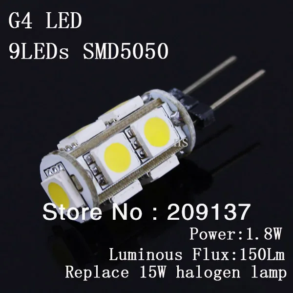1.8W SMD5050 9LEDs DC12V G4 LED Lights Warm White / Cold White LED Bulb 360deg Lamp Spotlight