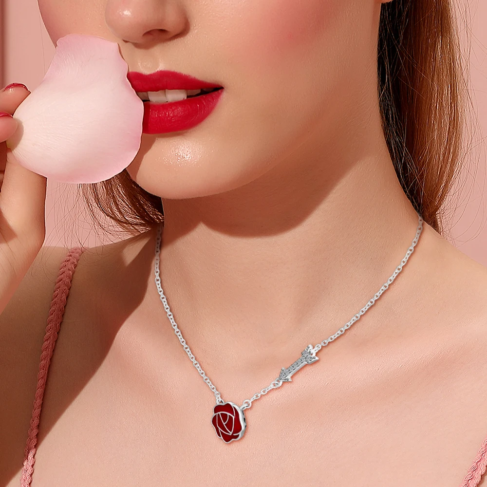 Красная роза цветок ожерелье 925 стерлингового серебра Цепочка с стрелкой
