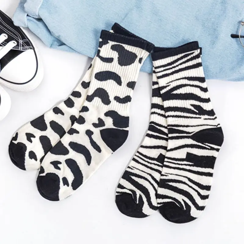 

Japanese Women Girls Harajuku Animal Stripes Milk Cow Printed Long Crew Socks XX9D