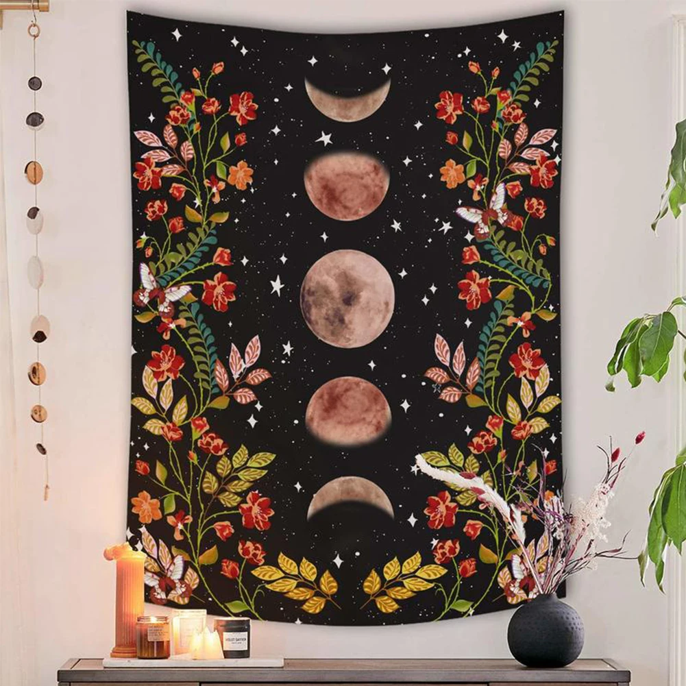 

Cilected Moon Phase Tapestry Wall Hanging Retro Black Flower Tapestry Home Decoration Background Cloth Bedroom Wall Covering