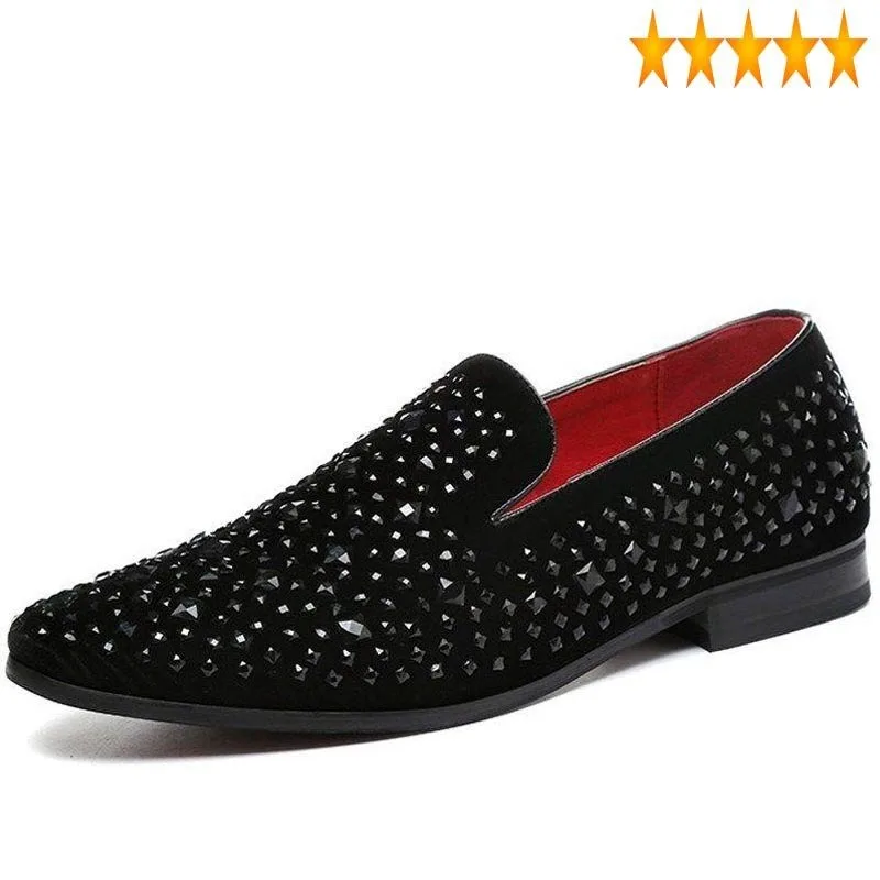 

New High Quality Faux 2021 Suede Loafer With Black Rhinestone Wedding And Party Casual Shoes Slippers Big Size Men Flats