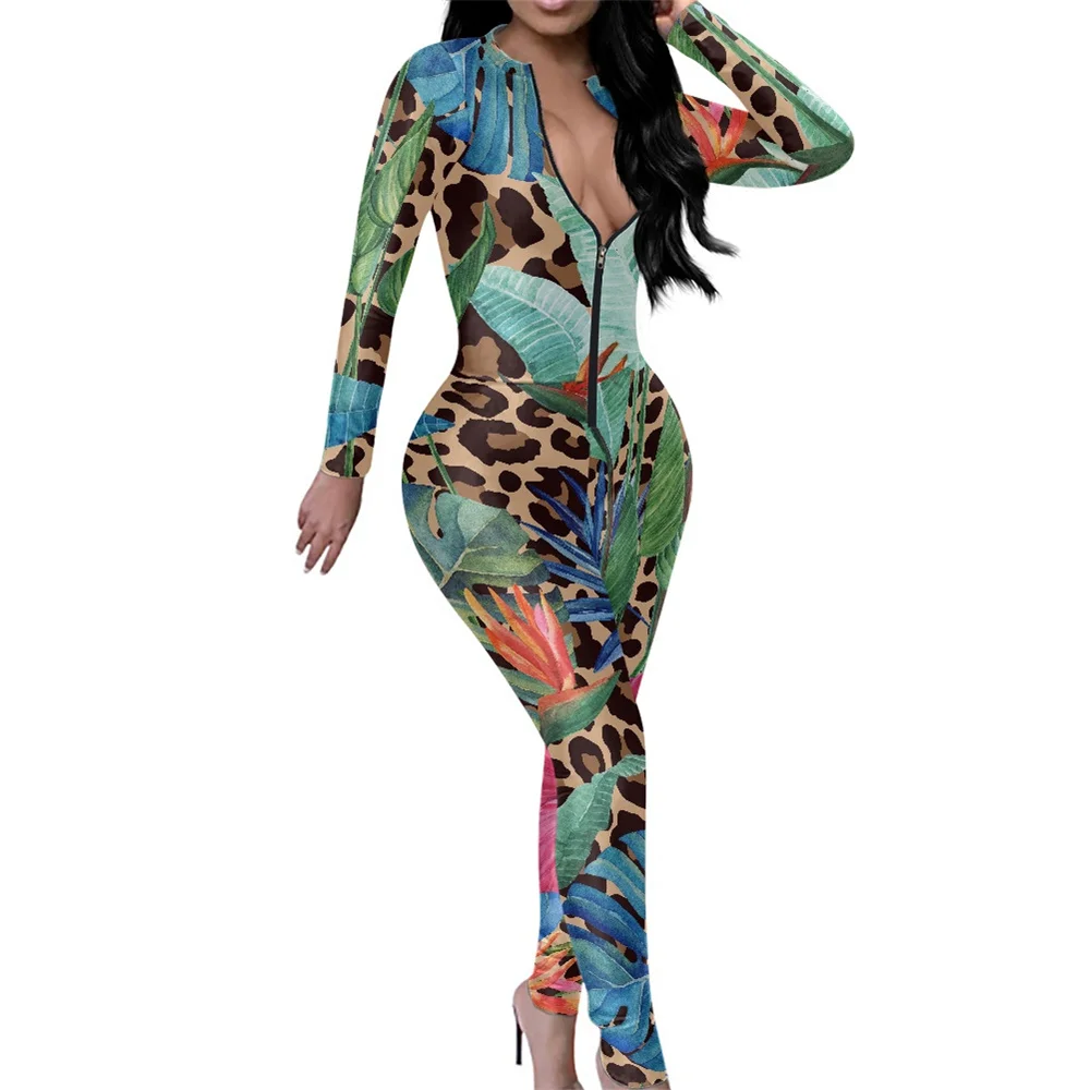 

Women Tight Jumpsuit Sexy Clothing Leopard Skin Tropical Plants And Flowers Long Sleeve Bodycon Jumpsuit Rompers V-neck
