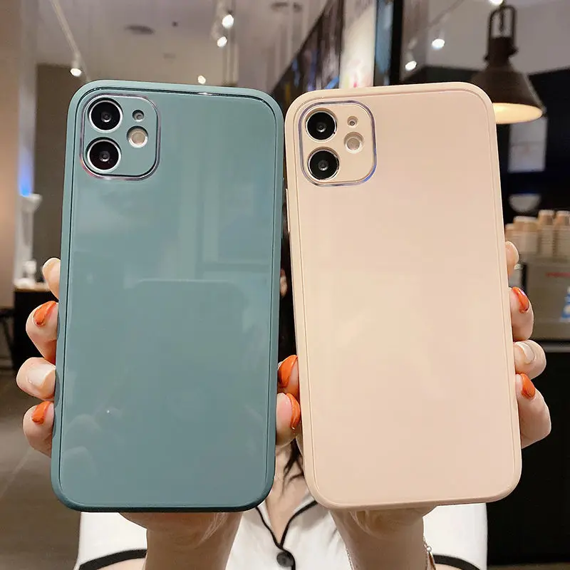

Защитный квадратный бампер для камеры, чехол для телефона iPhone 12 11 11Pro Max XR XS Max X 7 8 Plus SE2, жесткая стеклянная накладка карамельных цветов