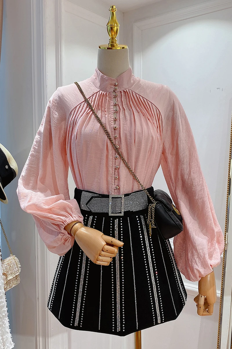 

Camisas Mujer 2021 Spring New Puff Sleeve Stand Collar Pleated Breasted Blouse Long Sleeve Elegant Pink Shirts Womens Tops