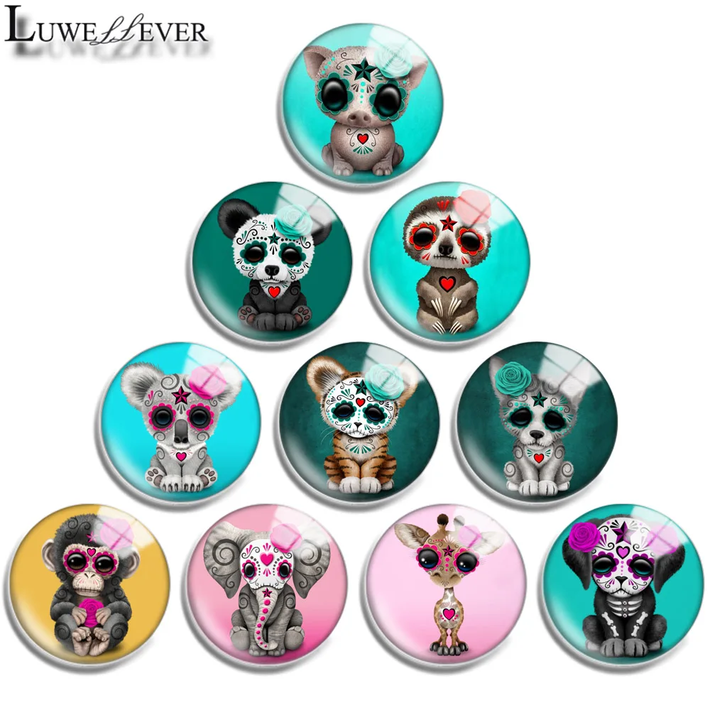 

12mm 16mm 20mm 25mm 30mm 40mm 718 Sugar Skull Animal Mix Round Glass Cabochon Jewelry Finding 18mm Snap Button Charm Bracelet