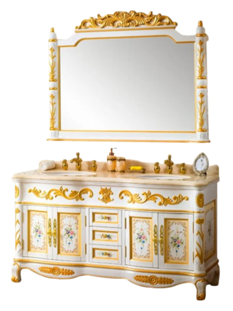 

55in.double sink golden bespoke vanities baroque european style classic bathroom cabinets with chic long silver mirror and legs