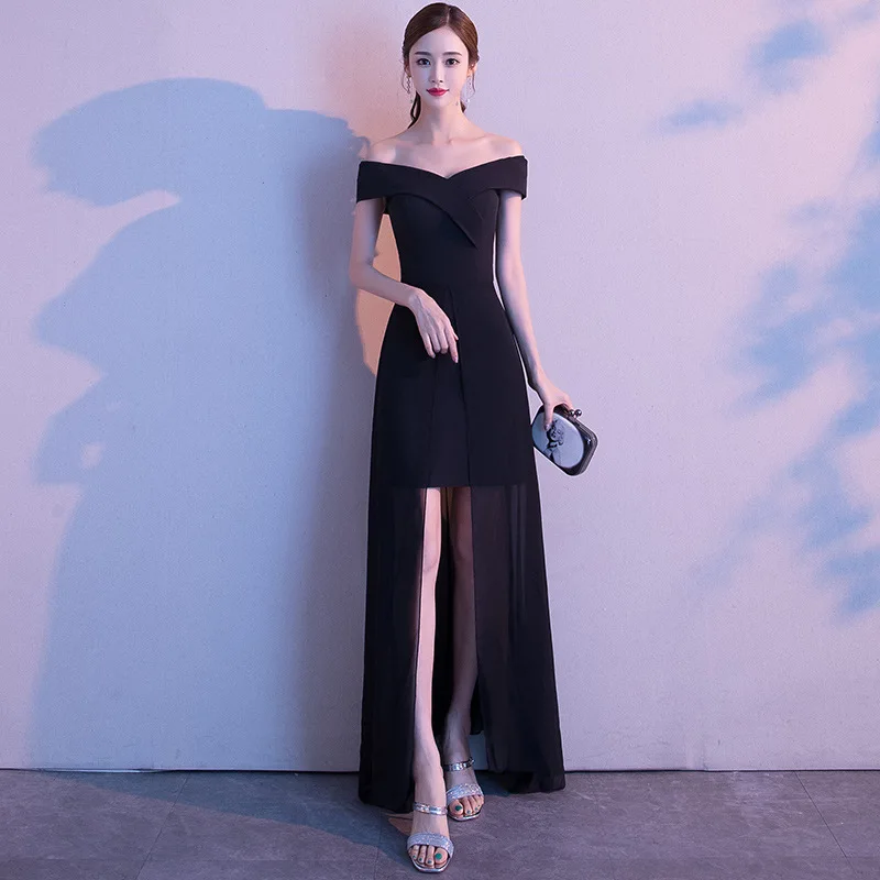 

Bridesmaids Dresses Vintage V-Neck Short A-Line Lace Off The Shoulder Floor-Length Luxury Black Women Wedding Party Gown E775